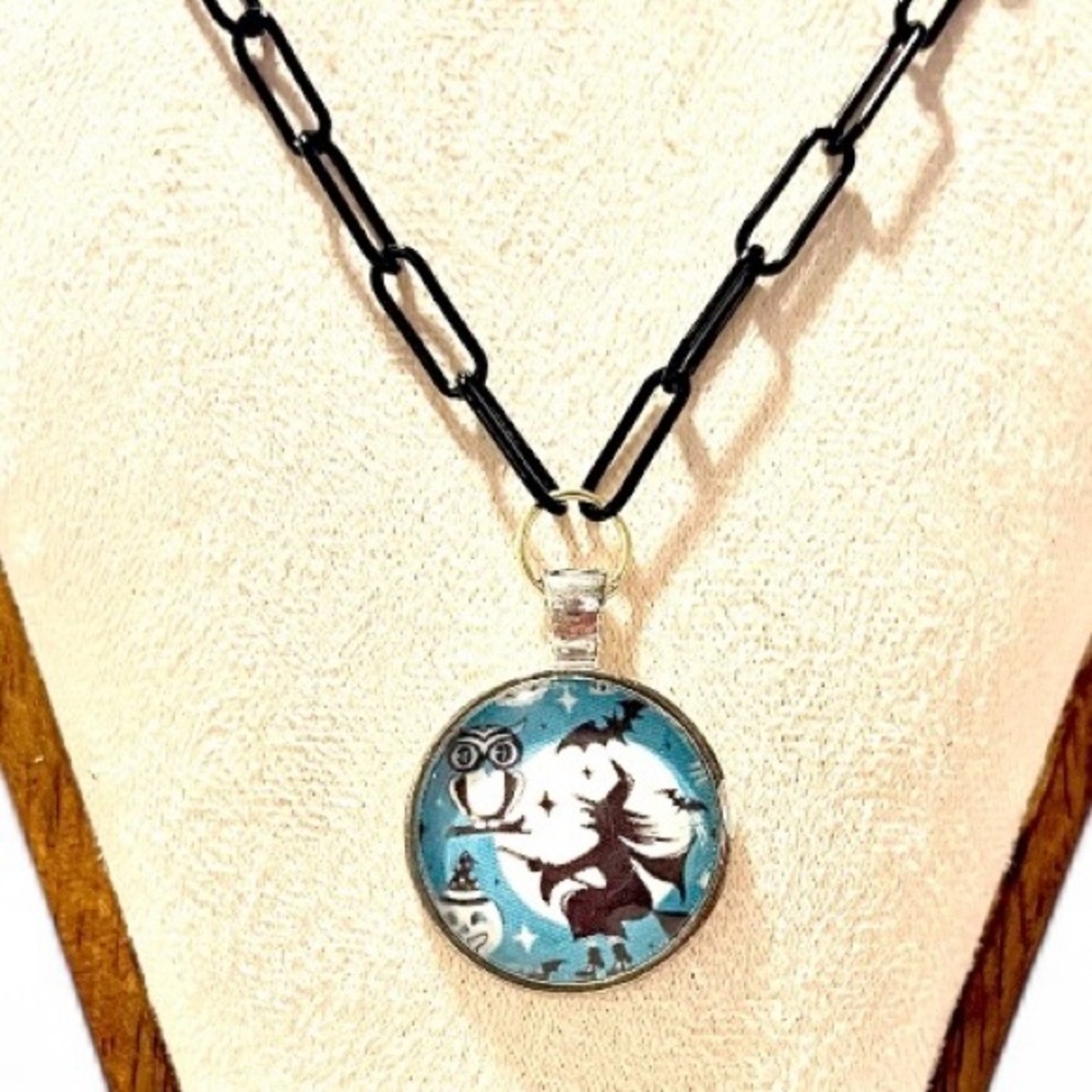 Retro Halloween Flying Witch Black and Blue Pendant Necklace 22”